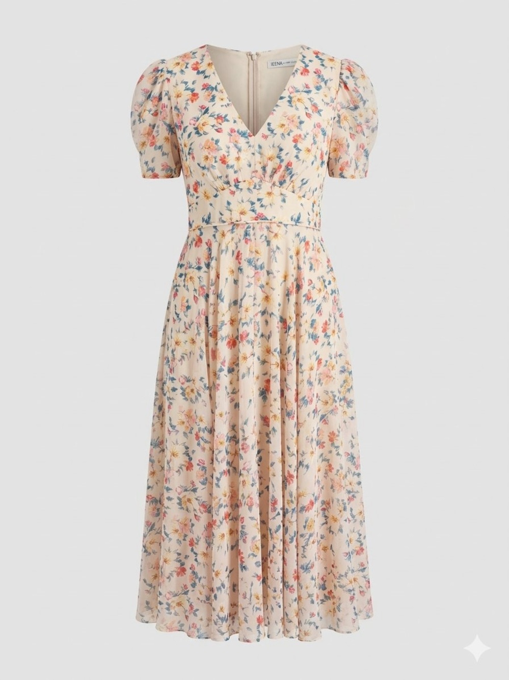 Vintage-Inspired Floral Midi Dress in Blush Pink